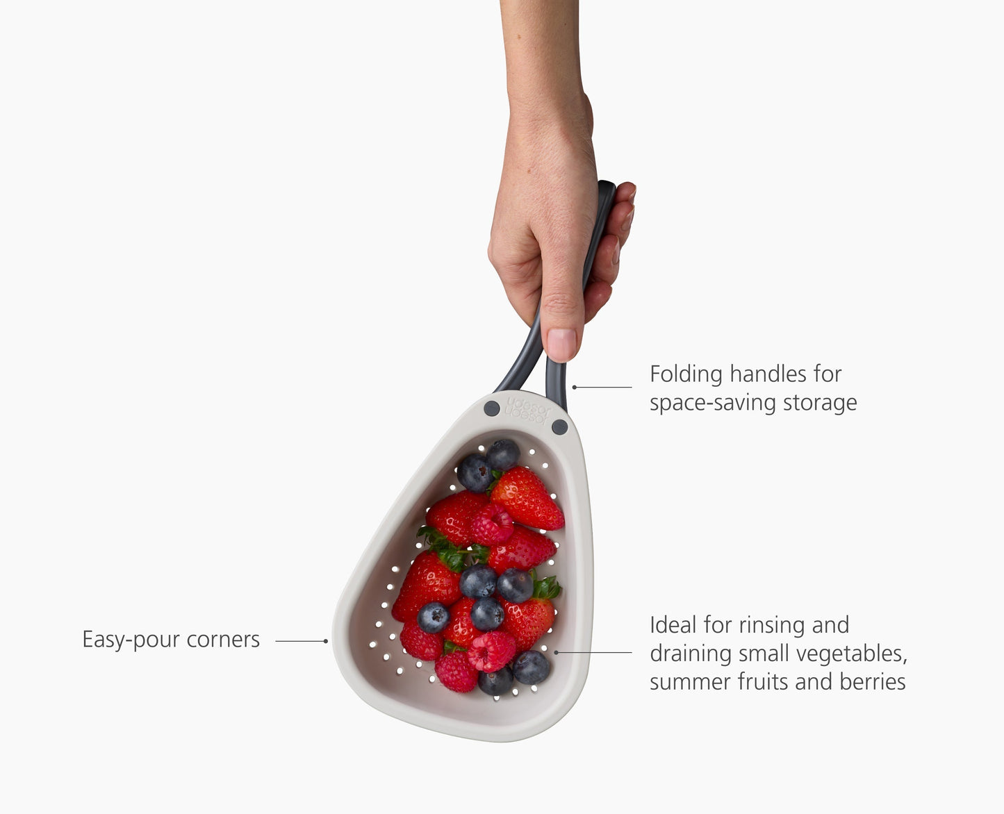 [half-width] Droplet Mini White Colander with Folding Handle