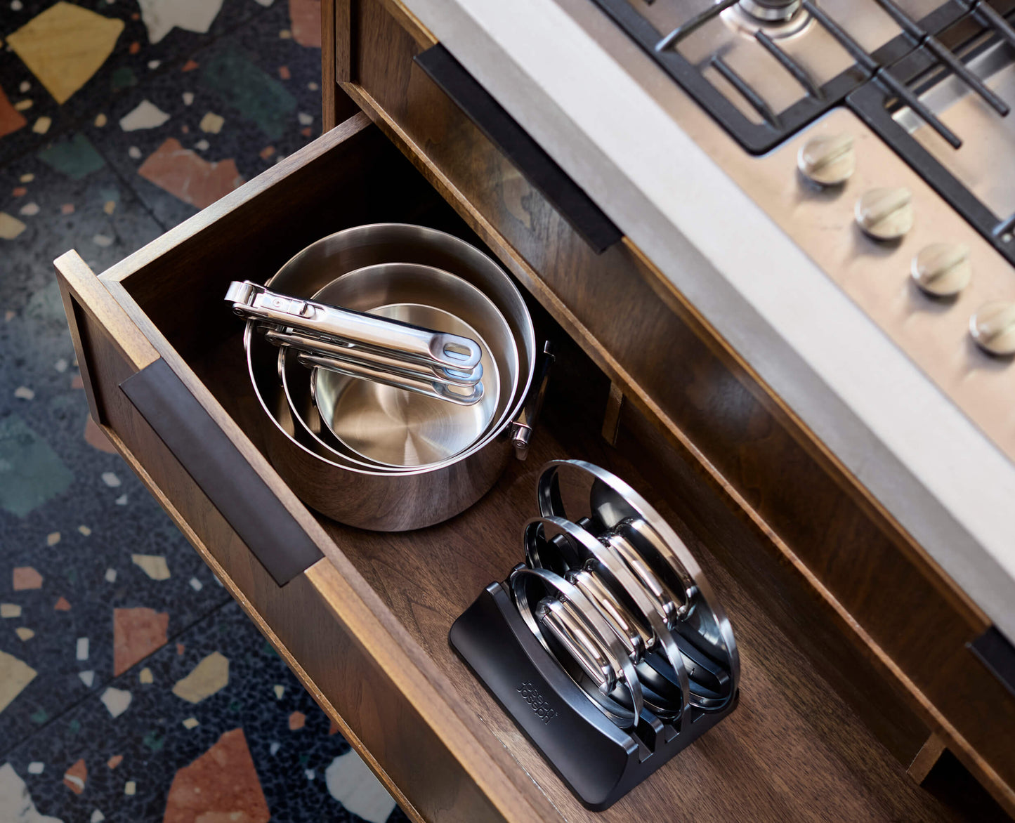 [half-width] Space Steel Folding Handle 3-Piece Saucepan Set