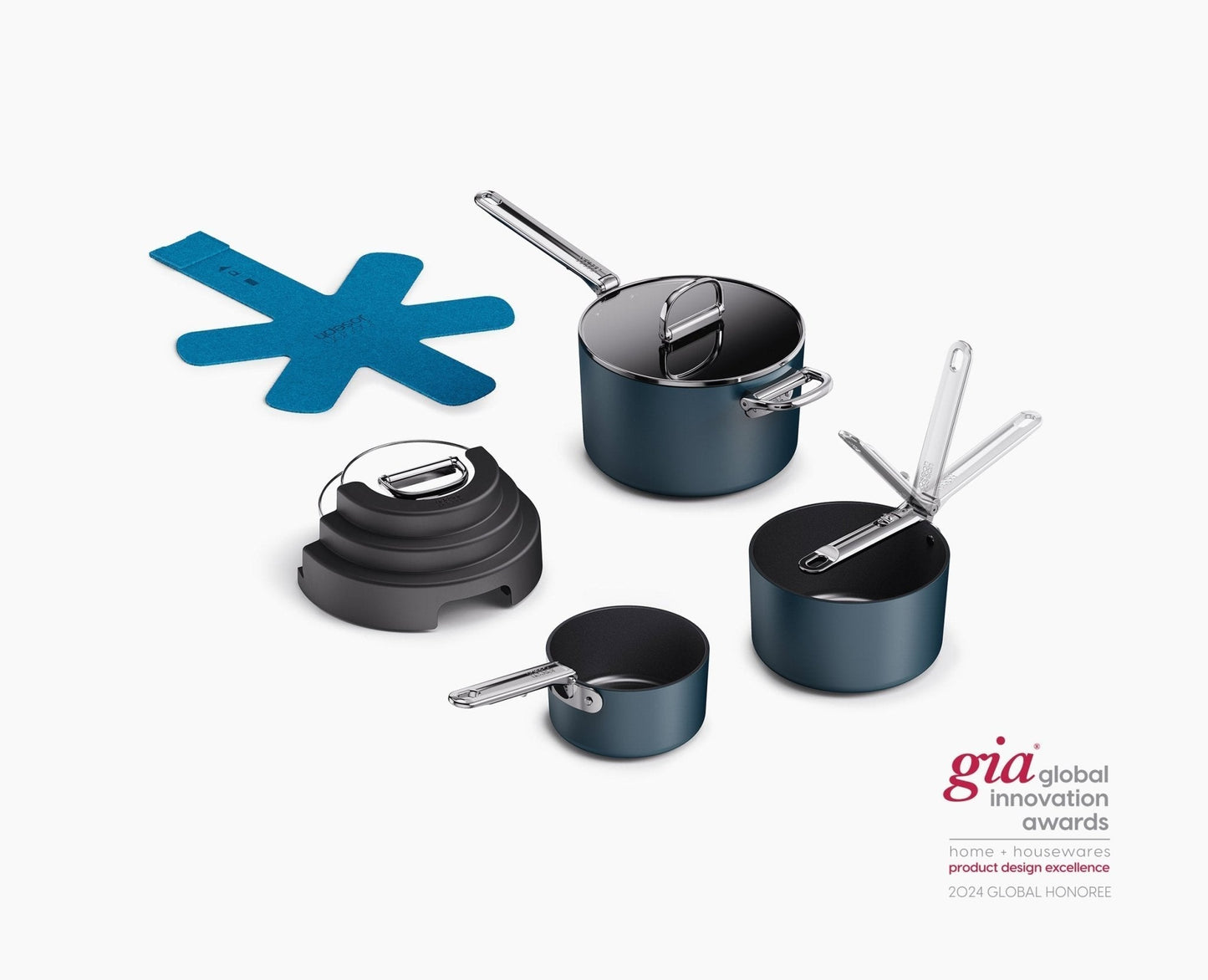 Space Stack Folding Handle Non-Stick 7-Piece Blue Saucepan Set With Lid Storage