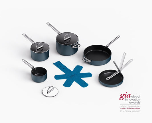 Space Folding Handle Ceramic Non-Stick 8-Piece Blue Cookware Set
