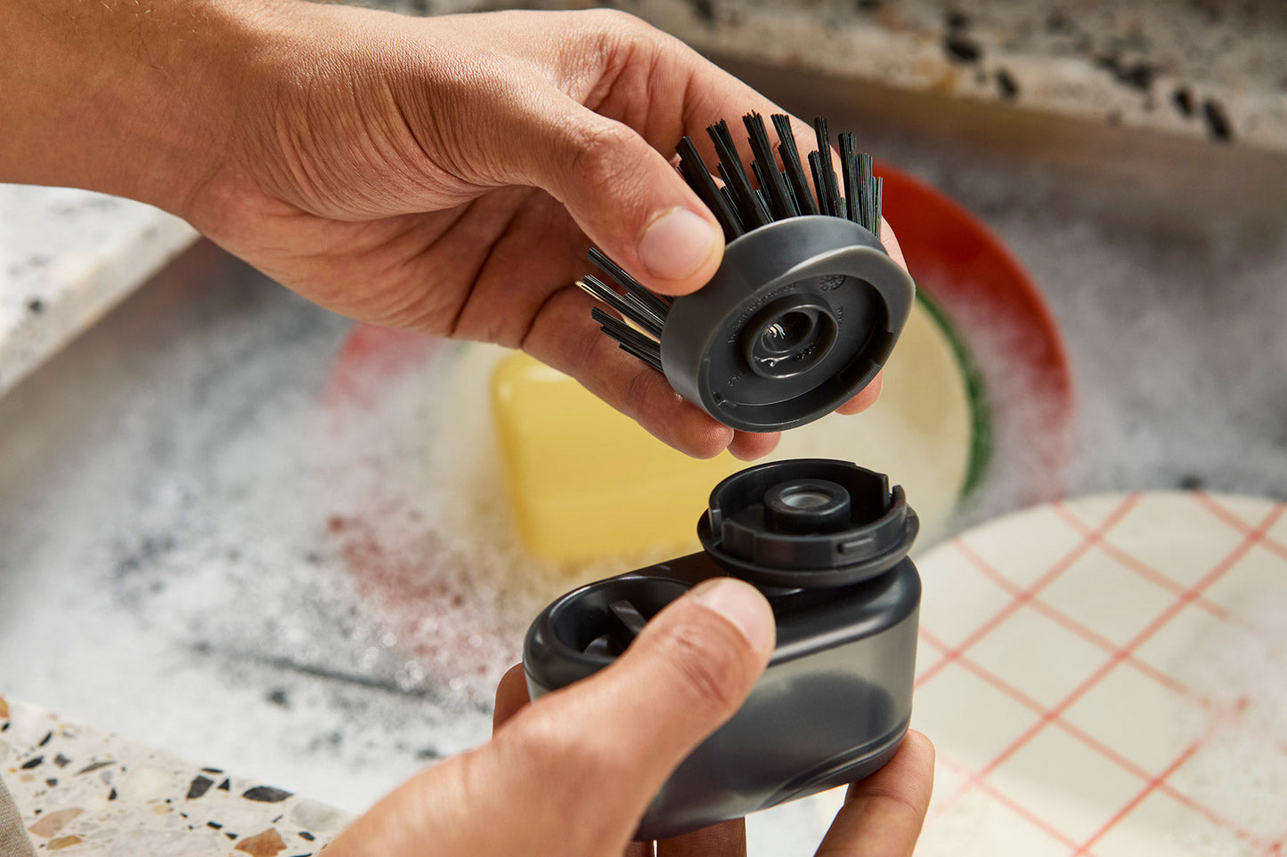 [half-width] SinkTech Compact Soap Dispensing Washing-Up Brush with Steel Stand