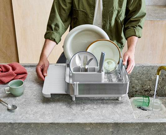 [hidden] [lifestyle] Extend™ Steel Plus Expandable Stone Dish Drainer with Wine Glass Rack