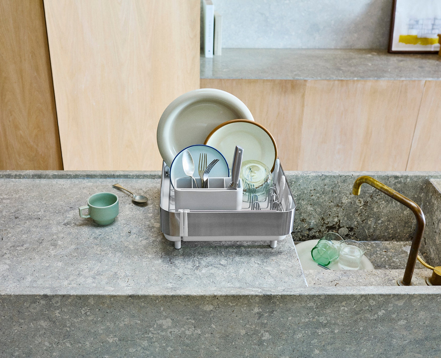 [half-width] Extend™ Steel Plus Expandable Stone Dish Drainer with Wine Glass Rack