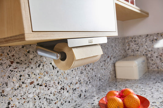 [hidden] [lifestyle] RollGrip Under-Shelf Stainless-Steel Kitchen Roll Holder