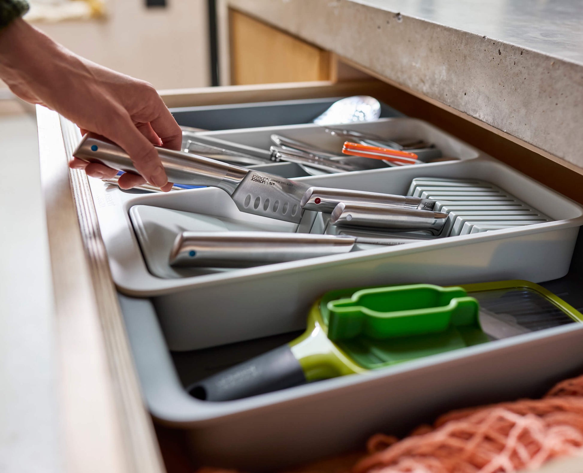 [half-width] DrawerStore™ Expanding Tiered Cutlery, Utensil, Gadget & Knife Organiser