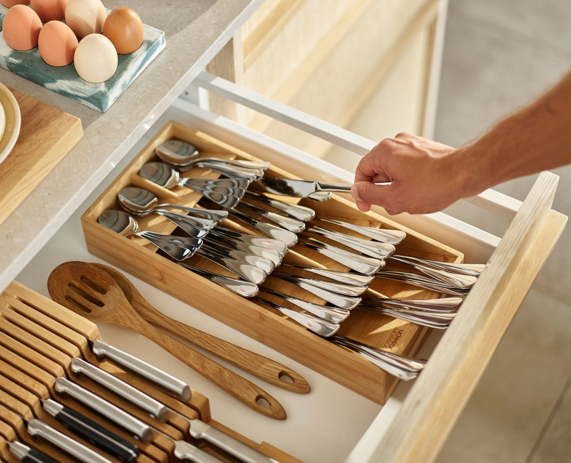 [half-width] 2-piece DrawerStore™ Bamboo Large Cutlery & Knife Organiser Set