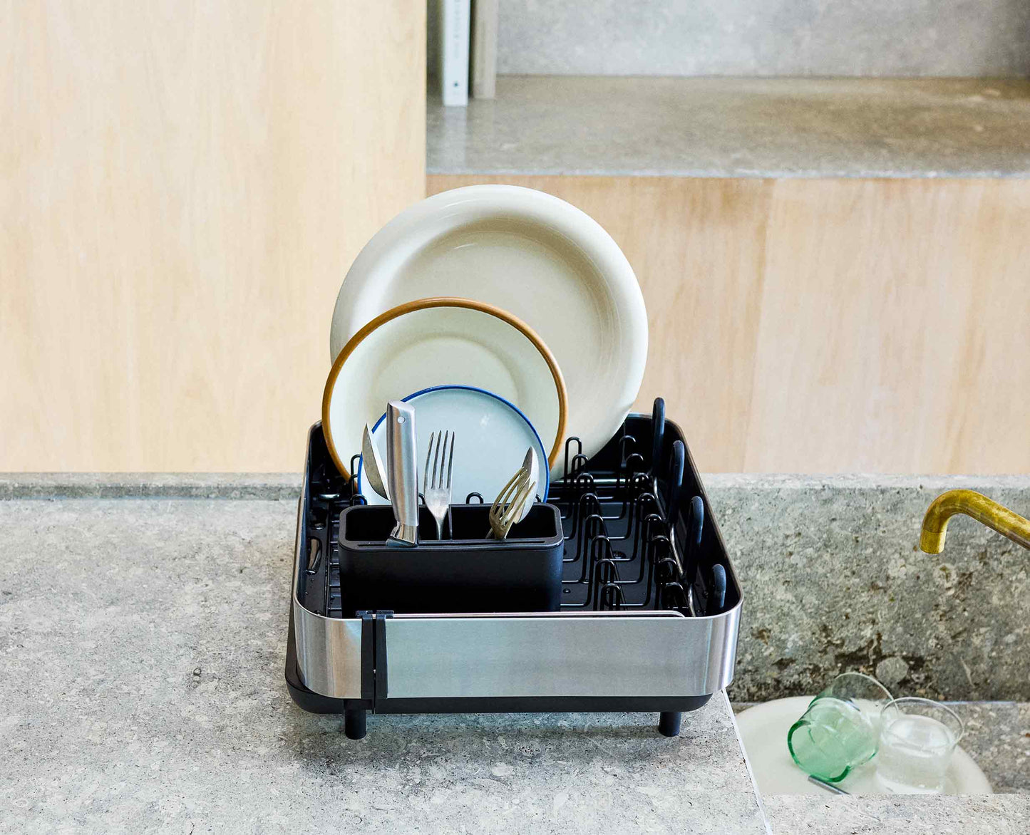 [half-width] Extend™ Steel Plus Expandable Black Dish Drainer with Wine Glass Rack