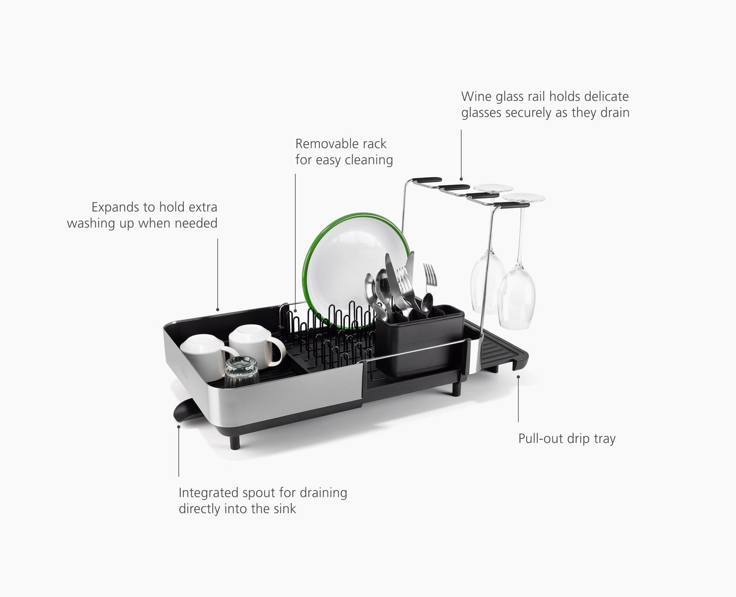 [half-width] Extend™ Steel Plus Expandable Black Dish Drainer with Wine Glass Rack