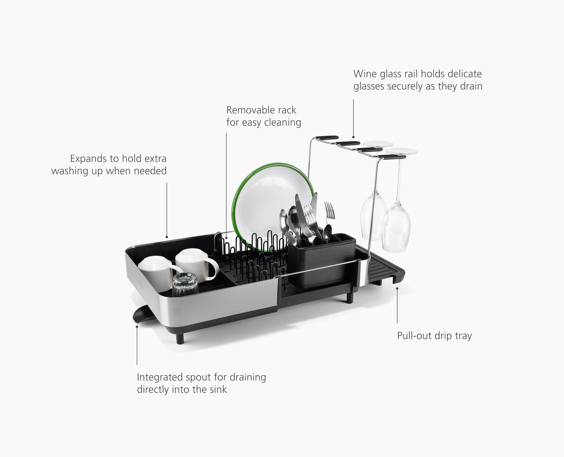 [half-width] Extend™ Steel Plus Expandable Black Dish Drainer with Wine Glass Rack