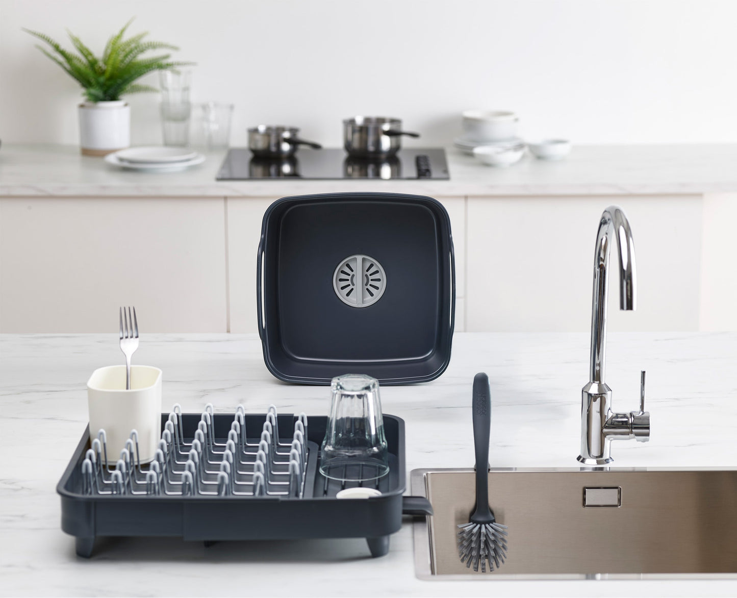 3-piece Gray Drainer, Washing-up Bowl & Brush Set